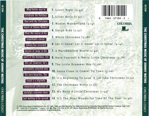 Johnny Mathis : The Christmas Music Of Johnny Mathis: A Personal Collection (CD, Comp, RE, RM)