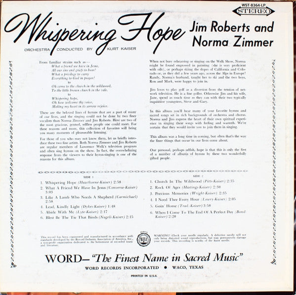 Jim Roberts (3) And Norma Zimmer : Whispering Hope (LP, RE)