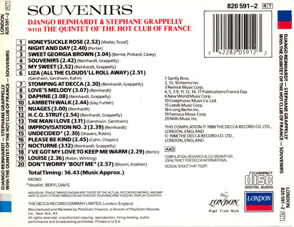 Django Reinhardt & Stéphane Grappelli With Quintette Du Hot Club De France : Souvenirs (CD, Comp, Mono)