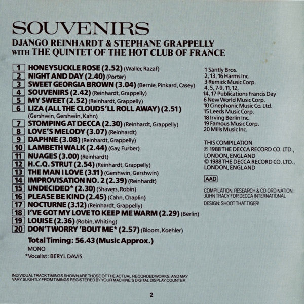 Django Reinhardt & Stéphane Grappelli With Quintette Du Hot Club De France : Souvenirs (CD, Comp, Mono)