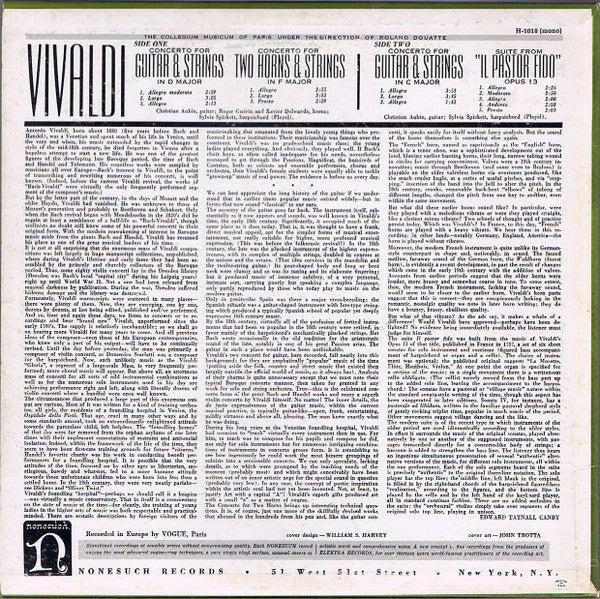 Antonio Vivaldi, Christian Aubin, Sylvia Spickett, Roger Guérin, Xavier Delwarde, Collegium Musicum De Paris, Roland Douatte : Concerto For Two Horns & Strings In F Major / Concerto For Guitar & Strings In C Major / Concerto For Guitar & Strings In D Major / "Il Pastor Fido", Op. 13 (LP, Mono)