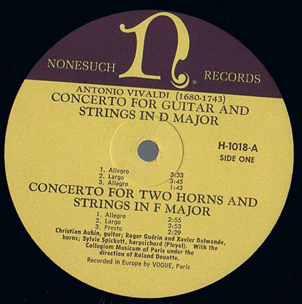 Antonio Vivaldi, Christian Aubin, Sylvia Spickett, Roger Guérin, Xavier Delwarde, Collegium Musicum De Paris, Roland Douatte : Concerto For Two Horns & Strings In F Major / Concerto For Guitar & Strings In C Major / Concerto For Guitar & Strings In D Major / "Il Pastor Fido", Op. 13 (LP, Mono)