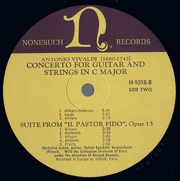 Antonio Vivaldi, Christian Aubin, Sylvia Spickett, Roger Guérin, Xavier Delwarde, Collegium Musicum De Paris, Roland Douatte : Concerto For Two Horns & Strings In F Major / Concerto For Guitar & Strings In C Major / Concerto For Guitar & Strings In D Major / "Il Pastor Fido", Op. 13 (LP, Mono)