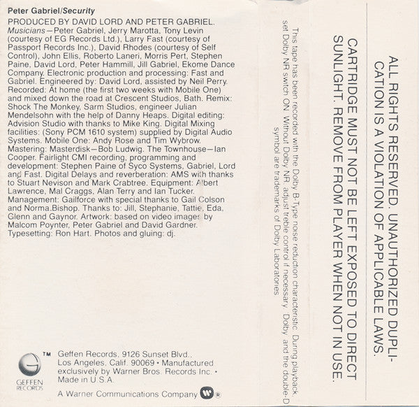 Peter Gabriel : Security (Cass, Album)