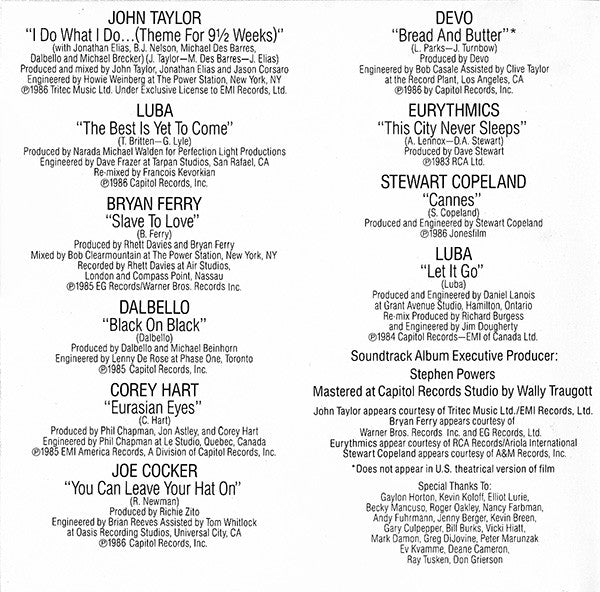 Various : 9½ Weeks - Original Motion Picture Soundtrack (CD, Comp, Cap)