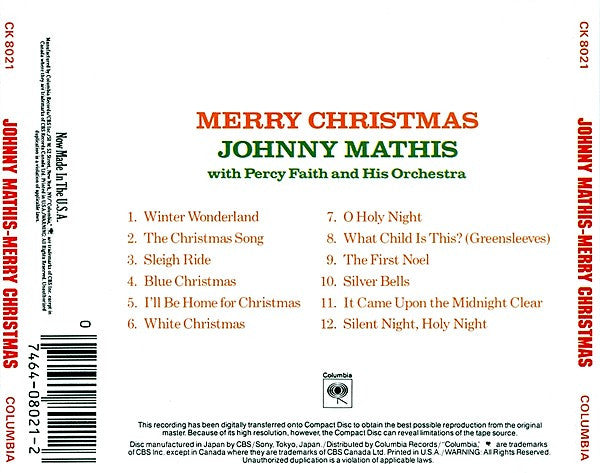 Johnny Mathis With Percy Faith & His Orchestra : Merry Christmas (CD, Album, RE, RP)