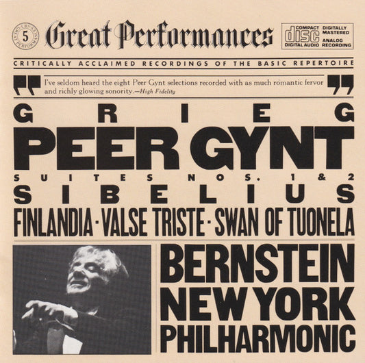 Edvard Grieg / Jean Sibelius - Leonard Bernstein, New York Philharmonic : Peer Gynt Suites 1 & 2 / Finlandia, Valse Triste, Swan Of Tuonela (CD, Album, Comp)