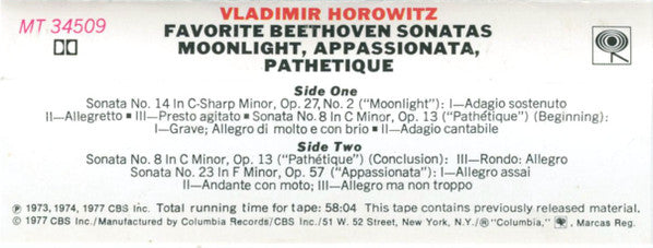 Ludwig van Beethoven : Vladimir Horowitz : Favorite Beethoven Sonatas: Moonlight, Appassionata, Pathétique (Cass, Comp, Dol)