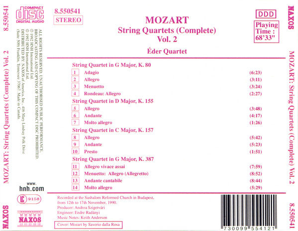 Wolfgang Amadeus Mozart : Éder Quartet : String Quartets (Complete) Vol. 2: K. 80 • K. 155 • K. 157 • K. 387 (CD, Album, RE)