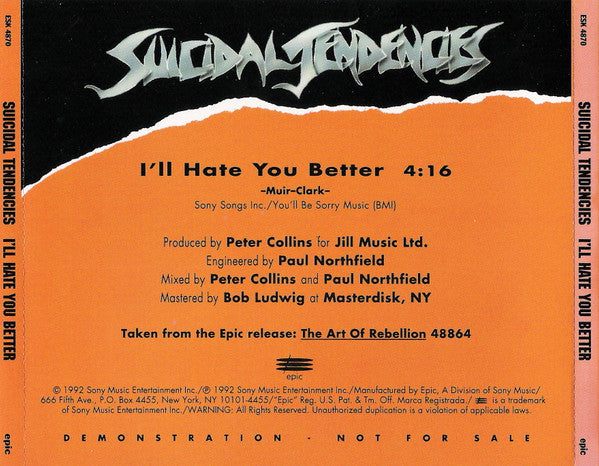 Suicidal Tendencies : I'll Hate You Better (CD, Single, Promo)