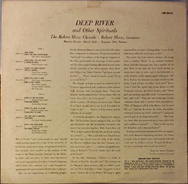 The Robert Shaw Chorale : Deep River And Other Spirituals (LP, Album, Mono)