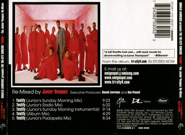 Donald Lawrence Presents The Tri-City Singers : Testify (The Junior Vasquez Re-Mixes) (CD, Maxi)
