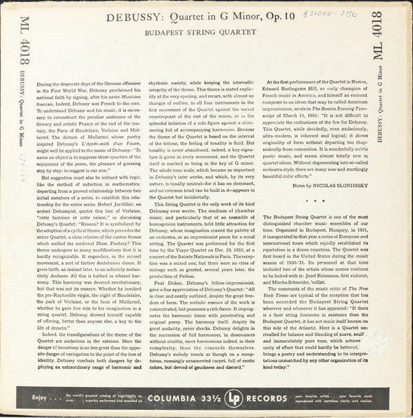 Claude Debussy, Budapest String Quartet : Quartet In G Minor, Op. 10 (LP, Album, Mono, RE)