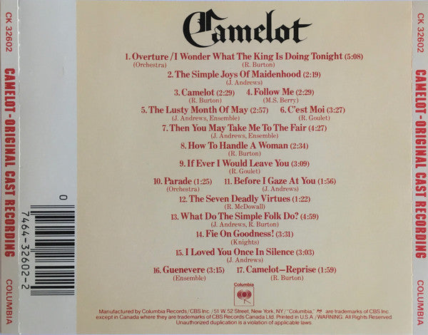 Alan Jay Lerner, Frederick Loewe - Julie Andrews, Richard Burton (2), Robert Goulet, Roddy McDowall : Camelot (CD, Album, RE)
