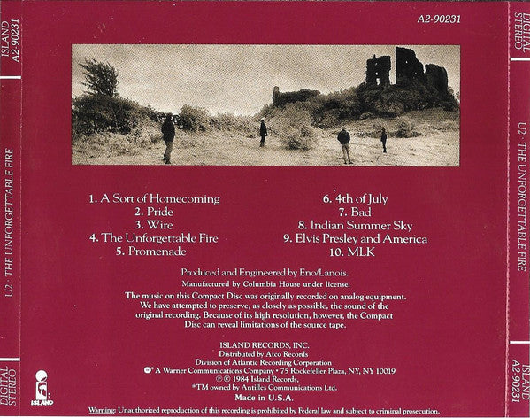 U2 : The Unforgettable Fire (CD, Album, Club, RE, JVC)