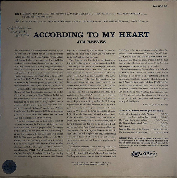 Jim Reeves : According To My Heart (LP, Album, Mono, RE, Hol)