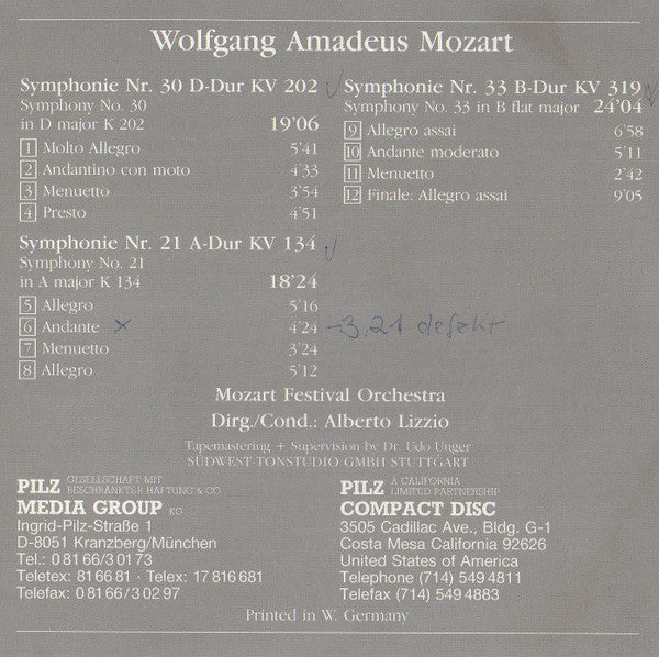 Wolfgang Amadeus Mozart - Mozart Festival Orchestra (2) Cond. Alberto Lizzio : Symphonien Nr. 21, 30 Und 33 = Symphonies No. 21, 30 And 33 (CD)