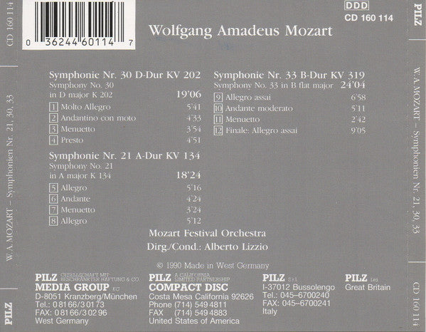 Wolfgang Amadeus Mozart - Mozart Festival Orchestra (2) Cond. Alberto Lizzio : Symphonien Nr. 21, 30 Und 33 = Symphonies No. 21, 30 And 33 (CD)