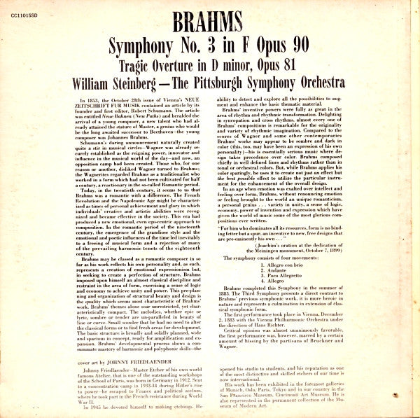 Johannes Brahms, William Steinberg, Pittsburgh Symphony Orchestra : Symphony No. 3 In F Opus 90 / Tragic Overture In D Minor, Opus 81 (LP, Album, Gat)