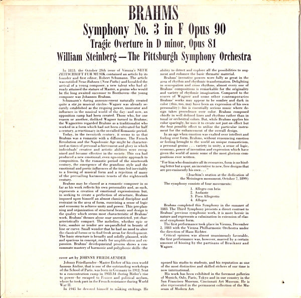 Johannes Brahms, William Steinberg, Pittsburgh Symphony Orchestra : Symphony No. 3 In F Opus 90 / Tragic Overture In D Minor, Opus 81 (LP, Album, Gat)