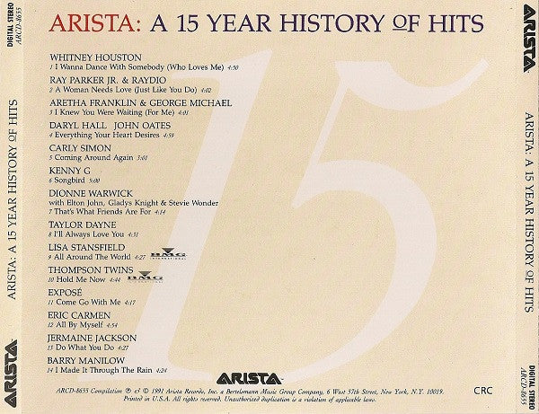 Various : Arista: A 15 Year History Of Hits (CD, Comp, Club, CRC)