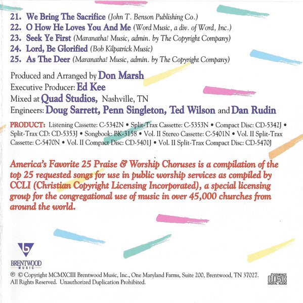 Don Marsh : America's 25 Favorite Praise & Worship Choruses (CD, Comp, Spl)