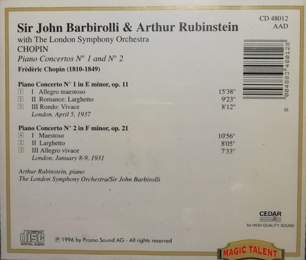 Sir John Barbirolli, Arthur Rubinstein, London Symphony Orchestra, Frédéric Chopin : Piano Concertos No. 1 and No. 2 (CD, Comp, Mono)