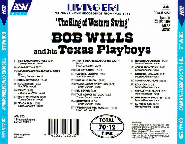 Bob Wills & His Texas Playboys : 'The King Of Western Swing' 25 Hits 1935-1945 (CD, Comp, Mono)