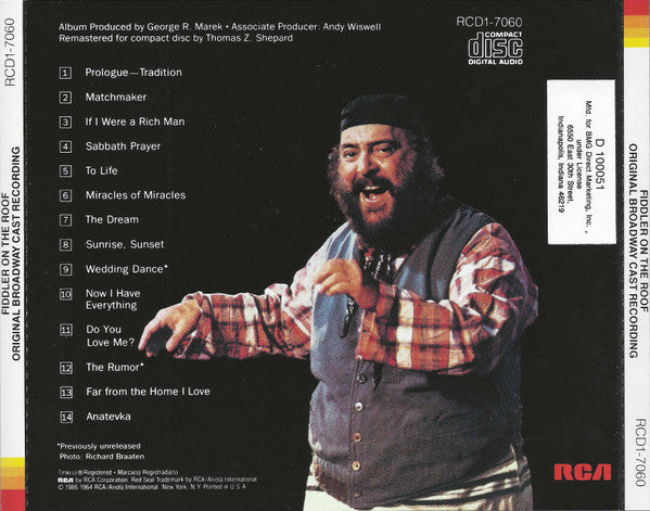 Jerry Bock - Sheldon Harnick, "Fiddler On The Roof" Original Broadway Cast : Fiddler On The Roof (Original Broadway Cast Recording) (CD, Album, Club, RM)
