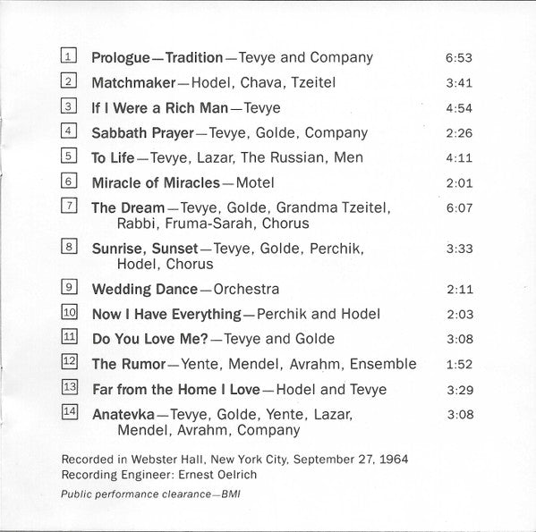 Jerry Bock - Sheldon Harnick, "Fiddler On The Roof" Original Broadway Cast : Fiddler On The Roof (Original Broadway Cast Recording) (CD, Album, Club, RM)