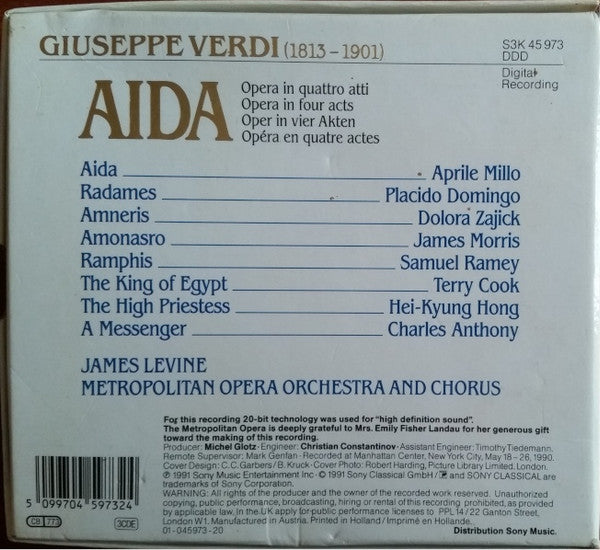Giuseppe Verdi - Aprile Millo, Placido Domingo, Dolora Zajick, James Morris (5), Samuel Ramey, James Levine (2), The Metropolitan Opera House Orchestra And Metropolitan Opera Chorus : Aida (3xCD, Album + Box)