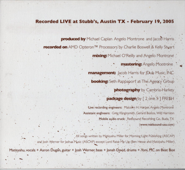 Matisyahu : Live At Stubb's (CD, Album, Dig)