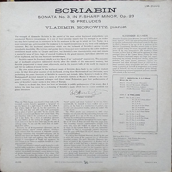 Alexander Scriabin, Vladimir Horowitz : Sonata No. 3, Op. 23 / 16 Preludes (LP, Album, Mono, RE)