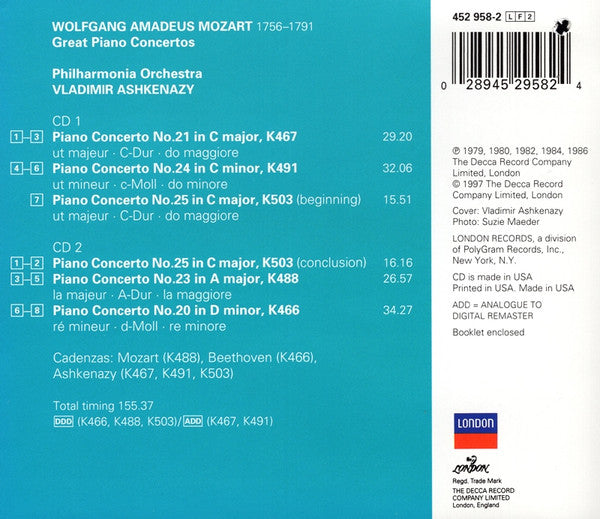 Wolfgang Amadeus Mozart, Vladimir Ashkenazy, Philharmonia Orchestra : Great Piano Concertos (Nos. 20, 21, 23, 24 & 25) (2xCD, Comp, RE)