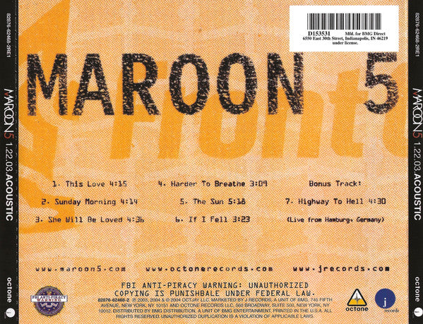 Maroon 5 : 1.22.03.Acoustic (CD, MiniAlbum, Club)