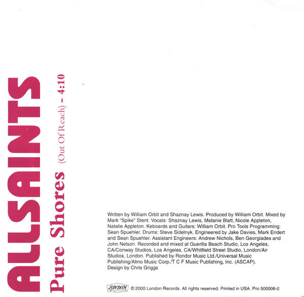 All Saints : Pure Shores (Out Of Reach) (CD, Single, Promo)