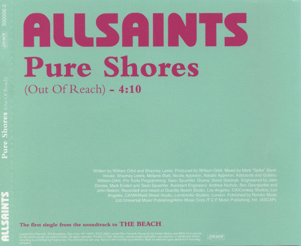 All Saints : Pure Shores (Out Of Reach) (CD, Single, Promo)