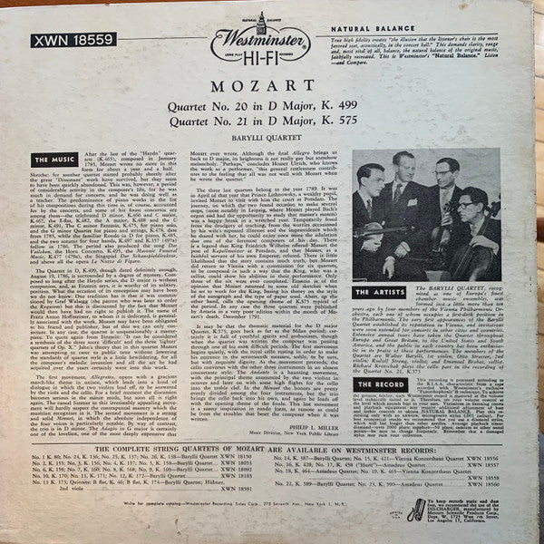 Wolfgang Amadeus Mozart, Barylli Quartet : String Quartet No. 20 In D Major K. 499 / String Quartet No. 21 In D Major, K. 575 (LP, Mono, RE)