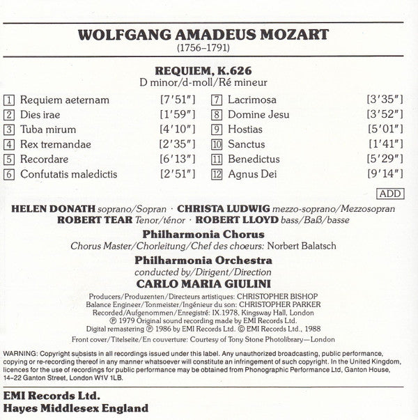 Wolfgang Amadeus Mozart, Helen Donath, Christa Ludwig, Robert Tear, Robert Lloyd (4), Carlo Maria Giulini : Requiem (CD, Album, RE)