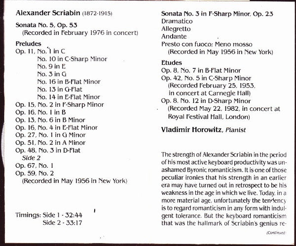 Vladimir Horowitz, Alexander Scriabin : Horowitz Plays Scriabin (Cass, Comp, RE)