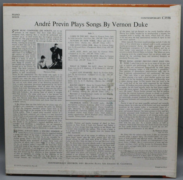 André Previn : André Previn Plays Songs By Vernon Duke (LP, Album, Mono)