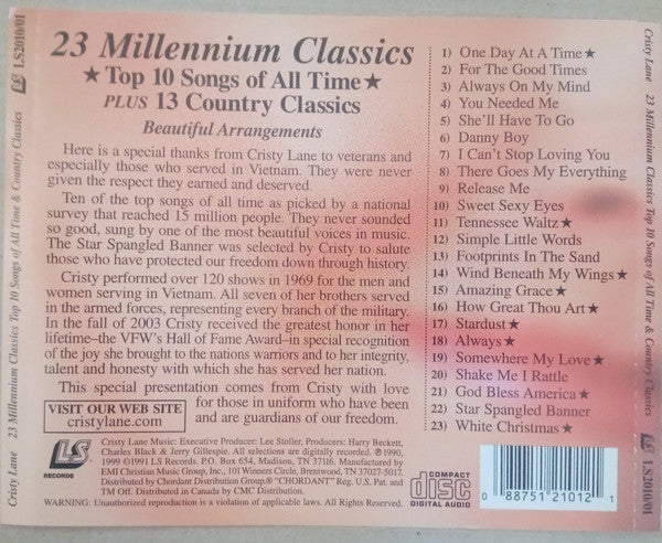 Cristy Lane : 23 Millennium Classics: Top 10 Songs Of All Time Plus 13 Country Classics (CD, Album, Art)