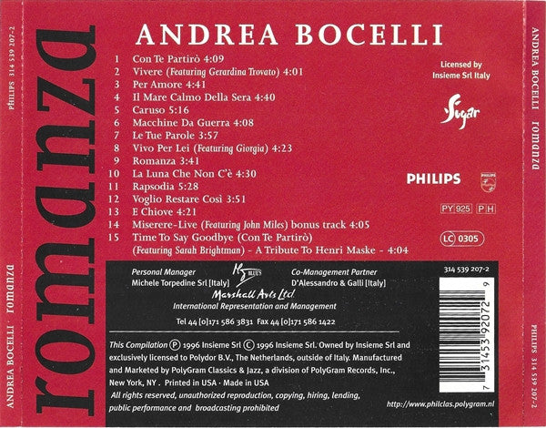 Andrea Bocelli : Romanza (CD, Comp)