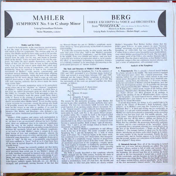 Gustav Mahler / Alban Berg - Gewandhausorchester Leipzig, Václav Neumann / Rundfunk-Sinfonie-Orchester Leipzig, Herbert Kegel, Hanne-Lore Kuhse : Symphony No. 5 In C-Sharp Minor / Three Excerpts From "Wozzeck" (2xLP, Comp, Gat)
