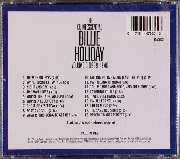 Billie Holiday : The Quintessential Billie Holiday Volume 8 (1939-1940) (CD, Comp, Mono, RE, RM)