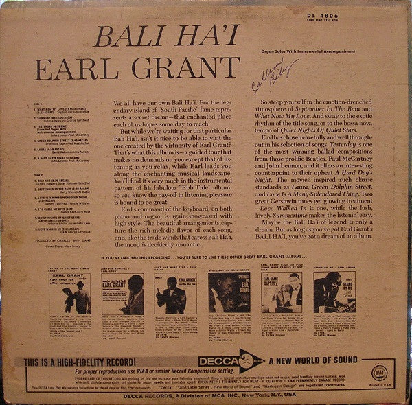 Earl Grant : Bali Ha'i (LP, Album, Mono)