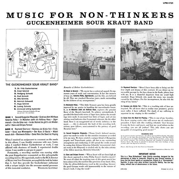 Guckenheimer Sour Kraut Band : Music For Non-Thinkers (LP, Album, Mono)