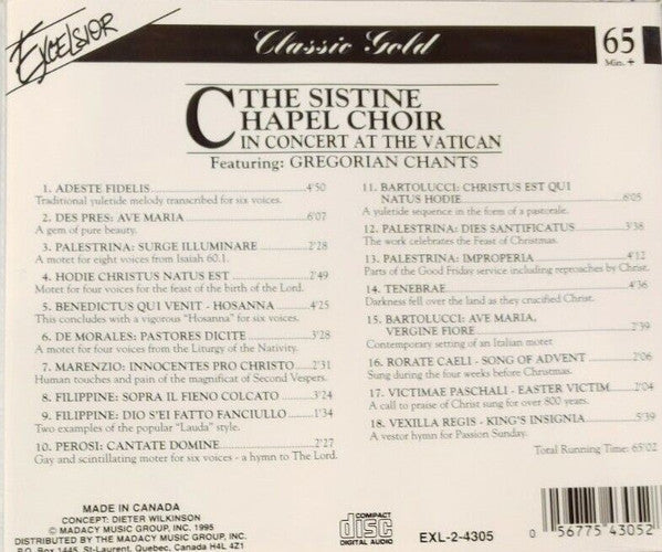 Coro Della Cappella Sistina : In Concert At The Vatican Ft Gregorian Chants (CD, Album)