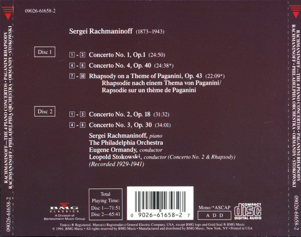 Sergei Vasilyevich Rachmaninoff, The Philadelphia Orchestra • Eugene Ormandy • Leopold Stokowski : Rachmaninoff Plays Rachmaninoff (The 4 Piano Concertos, Rhapsody On A Theme of Paganini) (2xCD, Comp, Mono, RE, RM)