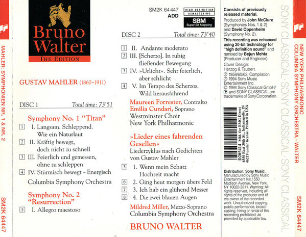 Bruno Walter, Gustav Mahler, Emilia Cundari, Maureen Foster, Mildred Miller, New York Philharmonic, Columbia Symphony Orchestra : Symphonies No. 1 & No. 2 / Lieder Eines Fahrenden Gesellen (2xCD, Album, Comp, Club, RM)